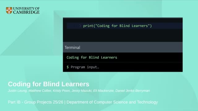 Title card from the Coding for Blind Learners project video